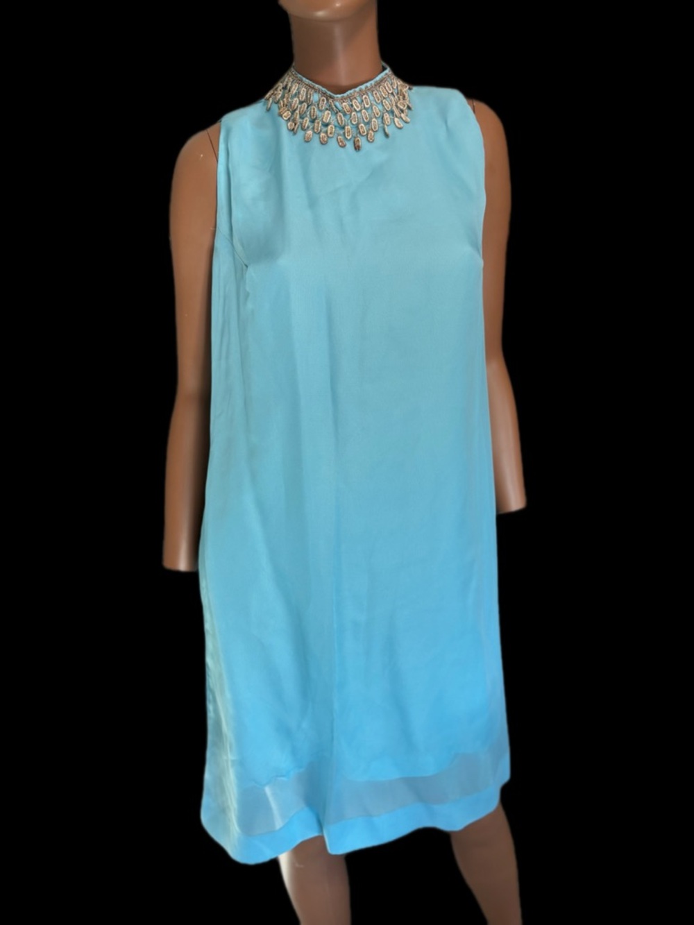 Vintage 60’s Beaded Collar Sleeveless Aqua Shift Dress by Linek Modelle